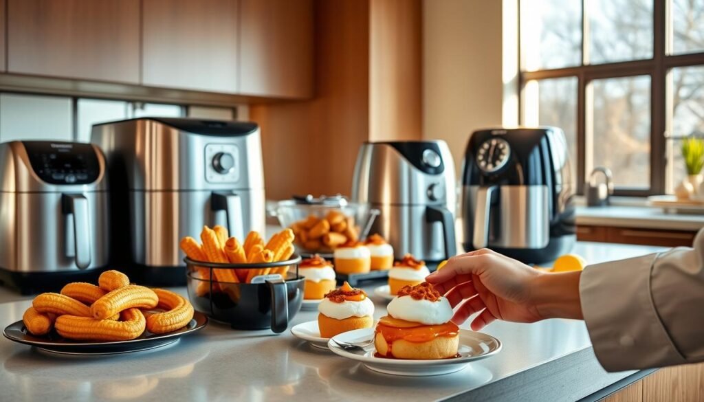 A sleek, modern kitchen counter, bathed in warm, natural light from large windows. On the surface, an array of air fryer appliances in various sizes and shapes, their metallic finishes gleaming. Alongside them, an assortment of delectable desserts - golden-brown churros, fluffy soufflés, and gooey, caramelized apple slices, all expertly plated. In the foreground, a skilled chef's hands delicately arranging the desserts, showcasing the precision and techniques required to achieve air fryer perfection. The overall scene exudes a sense of culinary mastery, inviting the viewer to explore the sweet science of air fryer dessert-making.