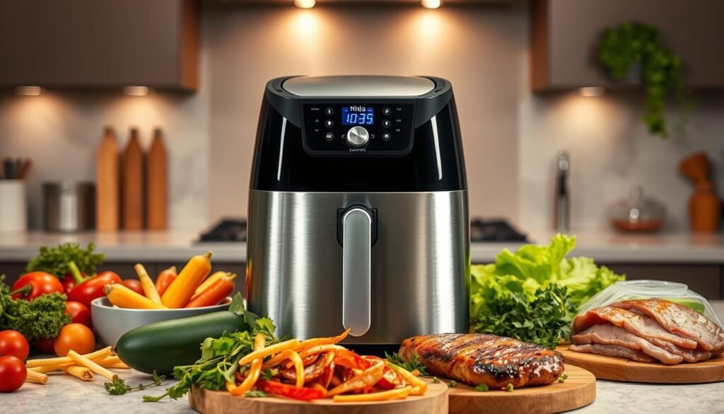 A sleek, modern kitchen counter showcases an advanced Ninja Air Fryer, its brushed metal exterior gleaming under bright, directional lighting. Surrounding the appliance are an assortment of fresh, vibrant ingredients - crisp vegetables, succulent meats, and fragrant herbs. The scene exudes a sense of culinary mastery, hinting at the intricate, flavorful dishes that can be effortlessly prepared with the air fryer's sophisticated features. The composition is balanced, with the appliance taking center stage, while the supporting elements create a visually compelling and appetizing tableau. The overall mood is one of culinary proficiency, technological innovation, and the promise of delectable, nutritious meals.