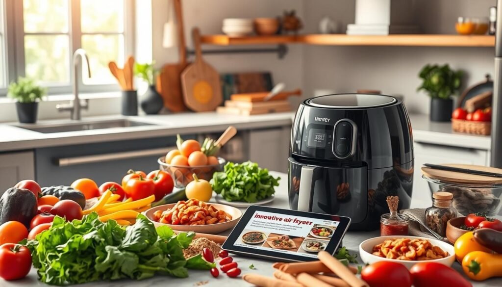 A sleek, modern kitchen counter with an air fryer prominently displayed in the foreground. The air fryer is surrounded by an array of fresh, colorful ingredients - vibrant vegetables, succulent proteins, and tantalizing spices. The middle ground features various cooking utensils, stylish cookbooks, and a tablet or device showcasing innovative air fryer recipes. The background has a clean, minimalist aesthetic, with natural light flooding the scene, creating a warm, inviting atmosphere. The overall composition conveys a sense of culinary exploration and the excitement of discovering game-changing air fryer techniques.