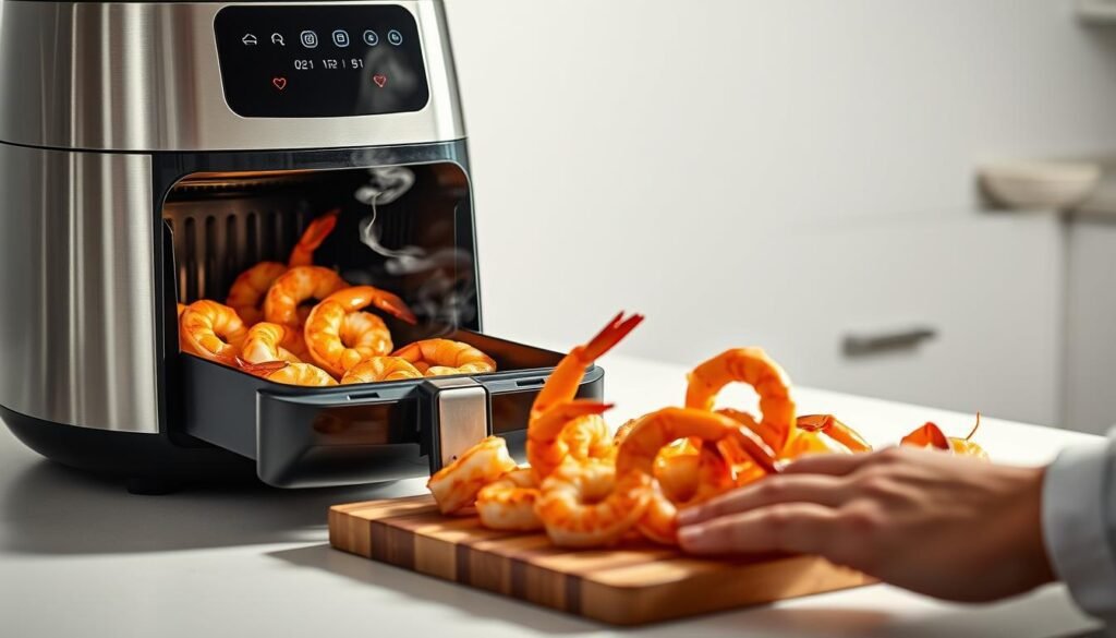 A sleek, stainless steel air fryer sits on a crisp white kitchen counter, casting a soft glow from its digital display. Plump, juicy shrimp sizzle and caramelize within, their shells a golden brown. Wisps of fragrant steam curl upwards, hinting at the delectable aroma. In the foreground, a chef's hand carefully arranges the cooked shrimp on a wooden cutting board, ready to share expert tips on achieving the perfect air-fried texture and flavor. Soft, directional lighting illuminates the scene, creating a warm, inviting atmosphere for the viewer to imagine replicating this shrimp cooking process in their own kitchen.