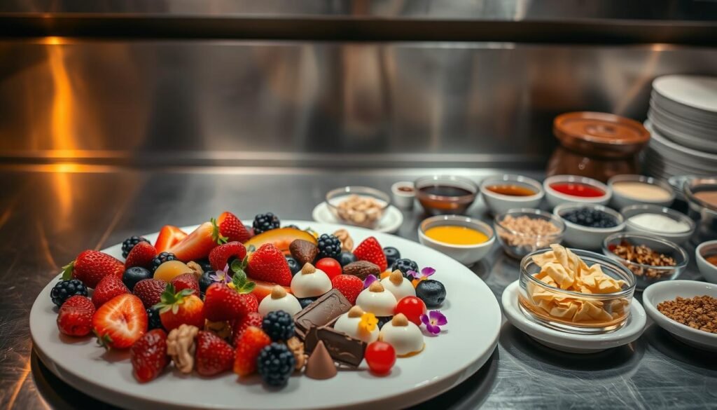 A stainless steel countertop, dimly lit with warm overhead lighting, showcases an array of gourmet dessert ingredients. In the foreground, an assortment of fresh berries, sliced fruits, and dollops of creamy fillings sit neatly arranged on a clean white platter. In the middle ground, glass bowls hold shaved chocolate, crushed nuts, and delicate edible flowers. The background features a selection of small ramekins containing sauces, syrups, and dusting powders, all positioned with precision. The scene exudes a sense of culinary mastery, inviting the viewer to imagine the artful assembly of a visually stunning dessert platter. A stainless steel countertop, dimly lit with warm overhead lighting, showcases an array of gourmet dessert ingredients. In the foreground, an assortment of fresh berries, sliced fruits, and dollops of creamy fillings sit neatly arranged on a clean white platter. In the middle ground, glass bowls hold shaved chocolate, crushed nuts, and delicate edible flowers. The background features a selection of small ramekins containing sauces, syrups, and dusting powders, all positioned with precision. The scene exudes a sense of culinary mastery, inviting the viewer to imagine the artful assembly of a visually stunning dessert platter.
