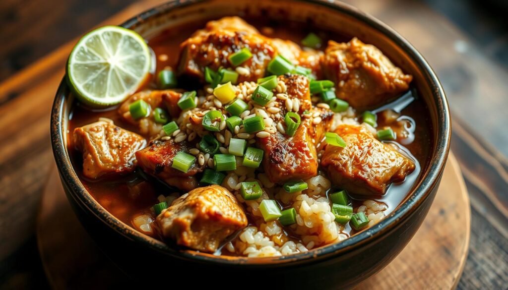 A steaming bowl of aromatic chicken and rice, simmered to perfection in a flavorful Asian-inspired broth. The juicy chicken thighs and tender grains of rice are bathed in a complex blend of soy sauce, ginger, garlic, and fragrant spices. A vibrant garnish of fresh scallions, toasted sesame seeds, and a squeeze of lime add layers of texture and brightness. Soft, diffused lighting casts a warm glow over the dish, highlighting the rich, caramelized edges of the rice. The entire scene is captured from a high, angled perspective, showcasing the depth and layers of this comforting one-pot creation.