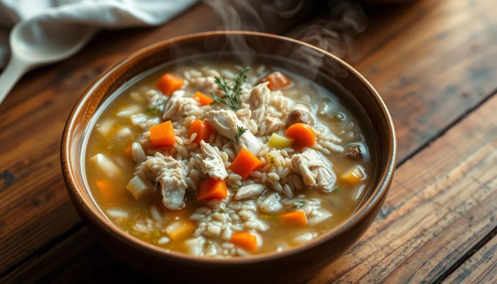 A steaming bowl of homemade chicken and rice soup sits on a rustic wooden table, illuminated by warm, natural lighting. The soup features tender shredded chicken, plump grains of rice, and an aromatic broth infused with herbs and spices. Slivers of carrots and celery add vibrant pops of color, creating a comforting and nourishing one-pot meal. The scene evokes a sense of cozy simplicity, perfect for a quick and satisfying weeknight dinner.