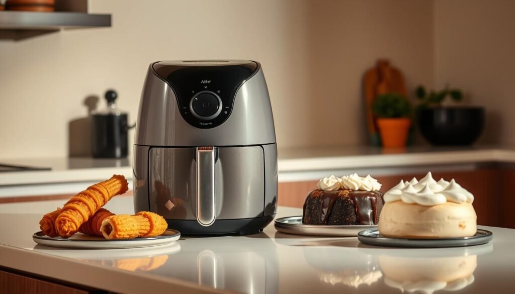 A stylish air fryer sitting on a pristine kitchen counter, surrounded by an assortment of decadent desserts, including a golden-brown churro, a gooey chocolate lava cake, and a fluffy meringue-topped pavlova. Soft, warm lighting illuminates the scene, casting a cozy, inviting atmosphere. The air fryer's sleek, modern design stands out, hinting at its ability to effortlessly transform simple ingredients into impressive, restaurant-quality treats. In the background, a minimalist, monochromatic wall provides a clean, uncluttered backdrop, allowing the delectable desserts to take center stage and showcase the air fryer's dessert-making prowess.