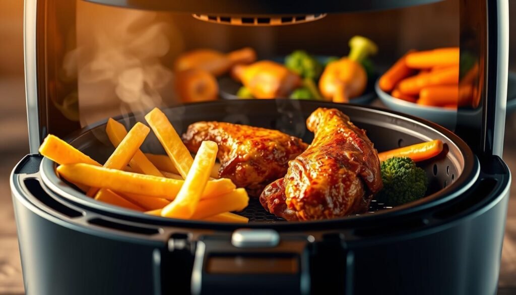 A stylized close-up illustration of an air fryer showcasing various cooking methods. In the foreground, crisp golden-brown French fries sizzle on the air fryer basket, as steam rises dramatically. In the middle ground, chicken wings are being turned over, their skin crisping to perfection under the intense circulating heat. In the background, fresh vegetables like broccoli and carrots are being air fried, their vibrant colors and textures vividly captured. The scene is lit by a warm, diffused light, casting dramatic shadows and highlights that emphasize the dynamic cooking process. The angle is slightly elevated, giving a bird's-eye view of the air fryer's inner workings and the diverse array of dishes it can produce.