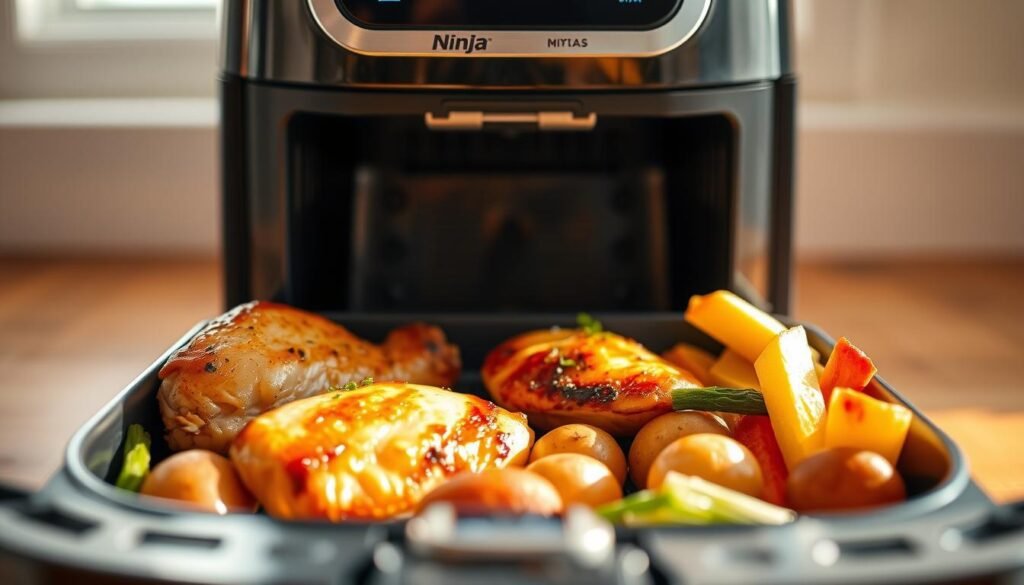 A stylized close-up shot of an open Ninja air fryer containing a complete meal, bathed in warm, natural lighting. In the foreground, juicy chicken breasts, roasted potatoes, and fresh steamed vegetables arranged artfully. Subtle reflections on the metal surfaces create a sense of depth and shine. The middle ground features the sleek, modern Ninja air fryer design with its digital display and intuitive controls. The background is softly blurred, placing the emphasis on the delectable meal within. An appetizing, harmonious composition that captures the efficiency and versatility of the Ninja air fryer as a complete meal solution.
