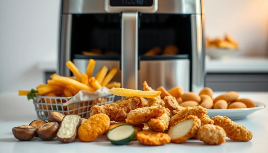 A stylized, high-resolution photograph showcasing the air fryer food revolution. In the foreground, an assortment of golden-brown, crispy fries, chicken wings, and vegetables spill out of a sleek, modern air fryer. The middle ground features a selection of other air-fried delicacies, such as breaded mushrooms, zucchini chips, and mozzarella sticks, arranged artfully on a minimalist white backdrop. The background is softly blurred, highlighting the air fryer itself, a gleaming stainless steel appliance on a neutral-toned kitchen counter. The lighting is soft and natural, casting a warm, inviting glow over the scene. The overall mood is one of culinary innovation, showcasing the versatility and appeal of air fryer cooking.