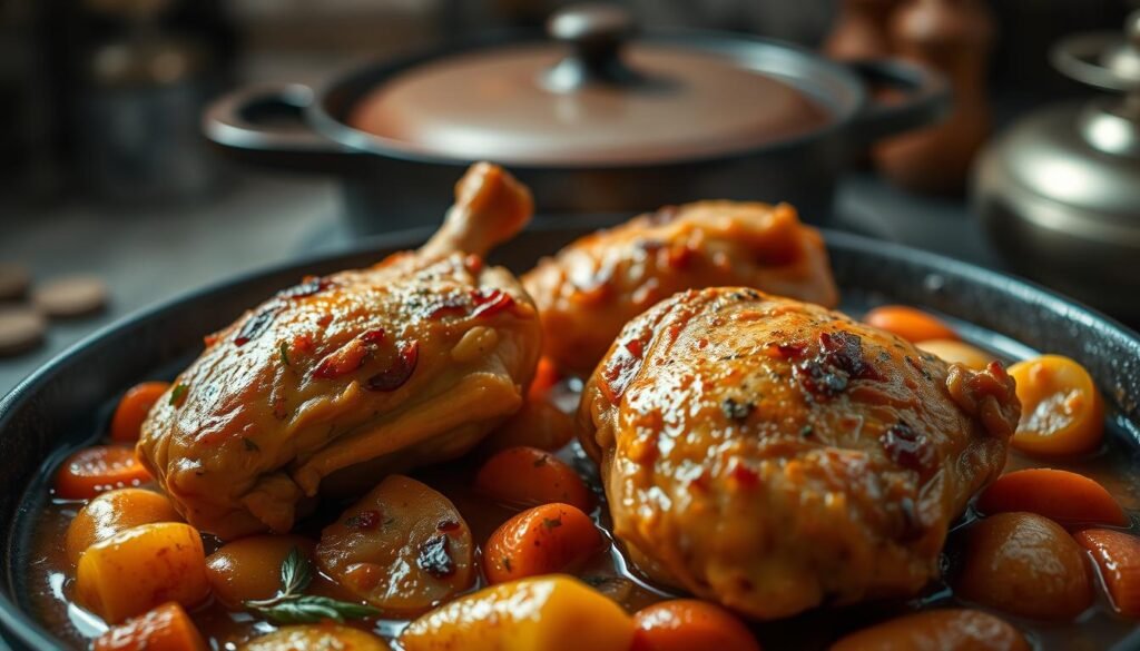 A succulent one-pot braised chicken thigh dish, simmered in a rich, aromatic sauce. In the foreground, the juicy, golden-brown chicken thighs sit atop a bed of tender vegetables, including carrots, onions, and potatoes. The middle ground showcases the dish's depth of flavor, with fragrant herbs and spices visible in the sauce. The background features a cozy, dimly lit kitchen setting, with the warm glow of a cast-iron pot and the soft, inviting atmosphere of a homemade meal. The lighting is soft and natural, highlighting the dish's comforting and nourishing qualities. This classic one-pot chicken thigh dish embodies the essence of a hearty, soul-warming comfort meal.