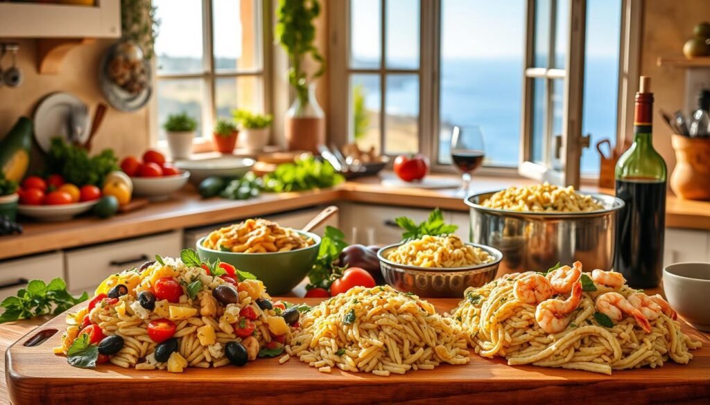 A sun-dappled Mediterranean kitchen, countertops brimming with vibrant vegetables, fragrant herbs, and a steaming pot of orzo. In the foreground, a wooden board displays an array of colorful orzo dishes - a lush salad tossed with tomatoes, olives, and feta; a hearty one-pot featuring tender chicken, artichokes, and lemon; and a creamy risotto-style orzo, topped with sautéed shrimp. The middle ground showcases a cheerful arrangement of bowls, utensils, and a glass carafe filled with deep red wine. In the background, an open window frames a vista of rolling hills and the sparkling azure sea. Warm, golden lighting bathes the scene, evoking the rich, authentic flavors of the Mediterranean. A sun-dappled Mediterranean kitchen, countertops brimming with vibrant vegetables, fragrant herbs, and a steaming pot of orzo. In the foreground, a wooden board displays an array of colorful orzo dishes - a lush salad tossed with tomatoes, olives, and feta; a hearty one-pot featuring tender chicken, artichokes, and lemon; and a creamy risotto-style orzo, topped with sautéed shrimp. The middle ground showcases a cheerful arrangement of bowls, utensils, and a glass carafe filled with deep red wine. In the background, an open window frames a vista of rolling hills and the sparkling azure sea. Warm, golden lighting bathes the scene, evoking the rich, authentic flavors of the Mediterranean.