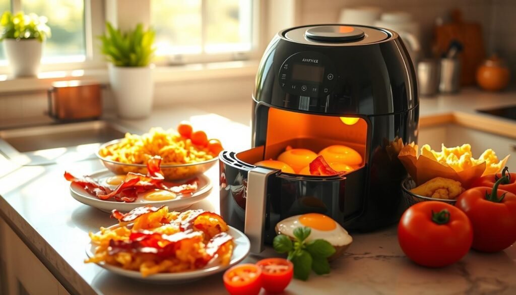 A sun-drenched kitchen counter with an air fryer prominently displayed, surrounded by a bounty of fresh ingredients - crisp bacon, fluffy eggs, golden hash browns, and juicy tomatoes. The air fryer emits a soft glow, hinting at the delectable breakfast creations it has conjured. The scene is bathed in warm, natural lighting, creating a cozy and inviting atmosphere. The arrangement of the elements suggests a sense of effortless culinary artistry, inspiring the viewer to transform their own morning routine with these game-changing air fryer breakfast ideas.