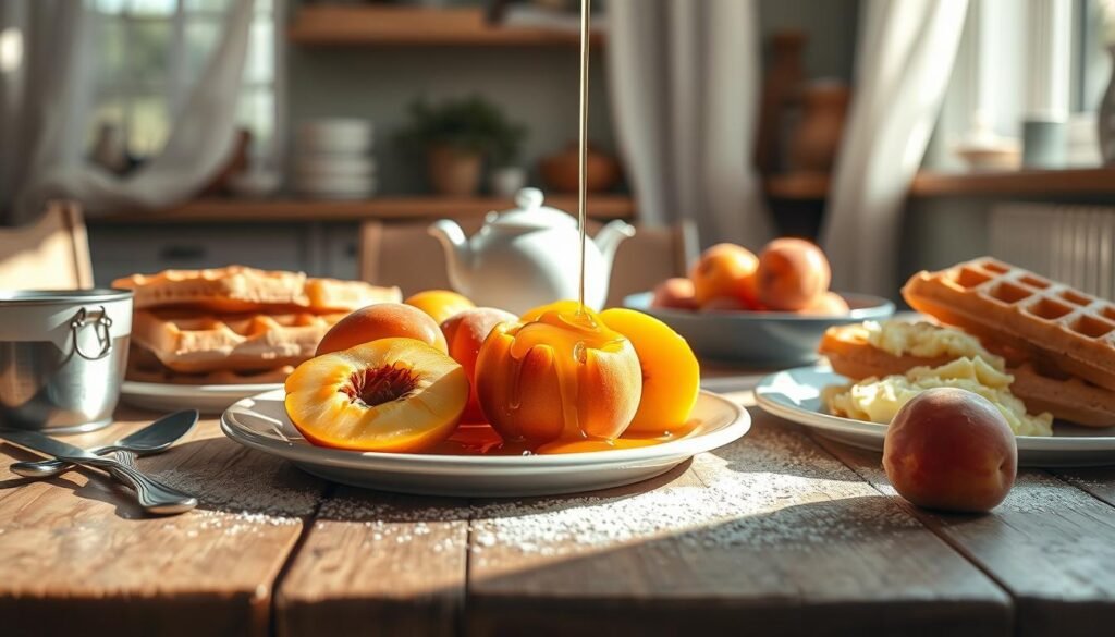 A sun-drenched kitchen scene with a rustic wooden table, featuring a delectable arrangement of canned peach halves, drizzled with golden honey, accompanied by crisp waffles, fluffy scrambled eggs, and a dusting of powdered sugar. Soft natural lighting filters through gauzy curtains, casting a warm glow over the scene. The composition is balanced, with the canned peaches taking center stage, surrounded by complementary breakfast items. The overall mood is one of inviting comfort and indulgence, perfect for illustrating a section on canned peach-based breakfast recipes.
