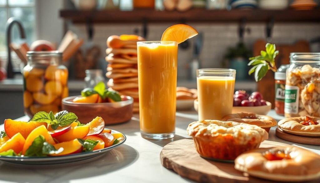 A sunlit kitchen counter, adorned with an array of innovative canned peach recipes. In the foreground, a delicate peach and basil salad, its vibrant colors and textures inviting exploration. Beside it, a towering peach cobbler, its flaky crust glistening under warm lighting. In the middle ground, a refreshing peach and ginger smoothie, its creamy texture beckoning a sip. The background showcases a variety of other peach-based delights, from hand pies to peach chutney, all showcasing the versatility of this pantry staple. The scene is captured with a wide-angle lens, highlighting the depth and variety of the culinary creations, bathed in soft, natural lighting that enhances the inviting atmosphere.
