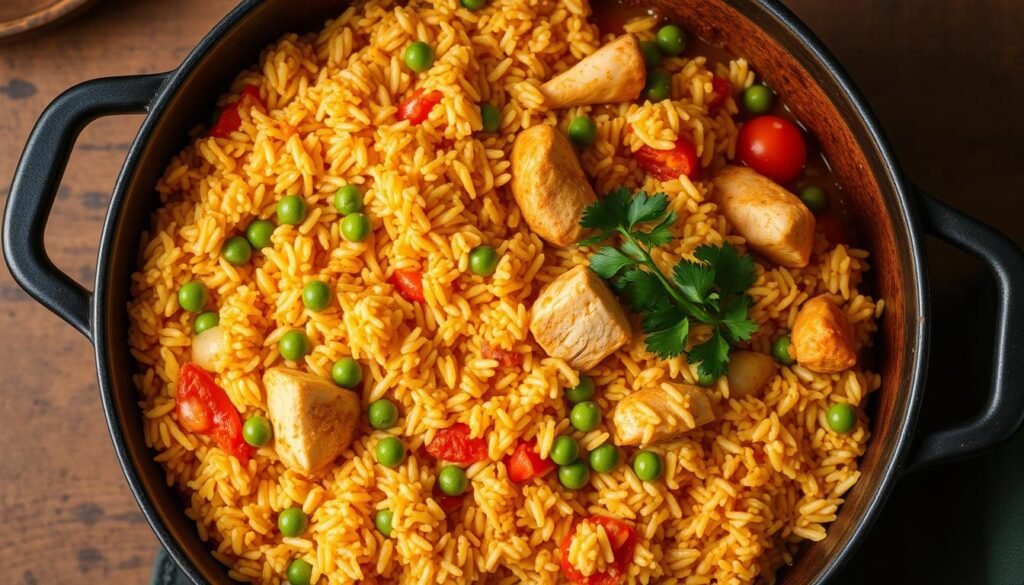 A vibrant and authentic Spanish rice dish, simmered in a large cast-iron pot. The rice grains are plump and fluffy, infused with the smoky essence of paprika, the warmth of saffron, and the richness of tomatoes. Tender chunks of chicken and peas add pops of color and texture. Soft onions and garlic create a savory base, while a sprinkle of chopped parsley lends a fresh, herbaceous note. Warm, mellow lighting casts a cozy glow over the scene, highlighting the dish's enticing aroma and inviting presentation. The pot is placed on a rustic wooden table, surrounded by a simple yet elegant setting, capturing the spirit of homemade, international comfort food.