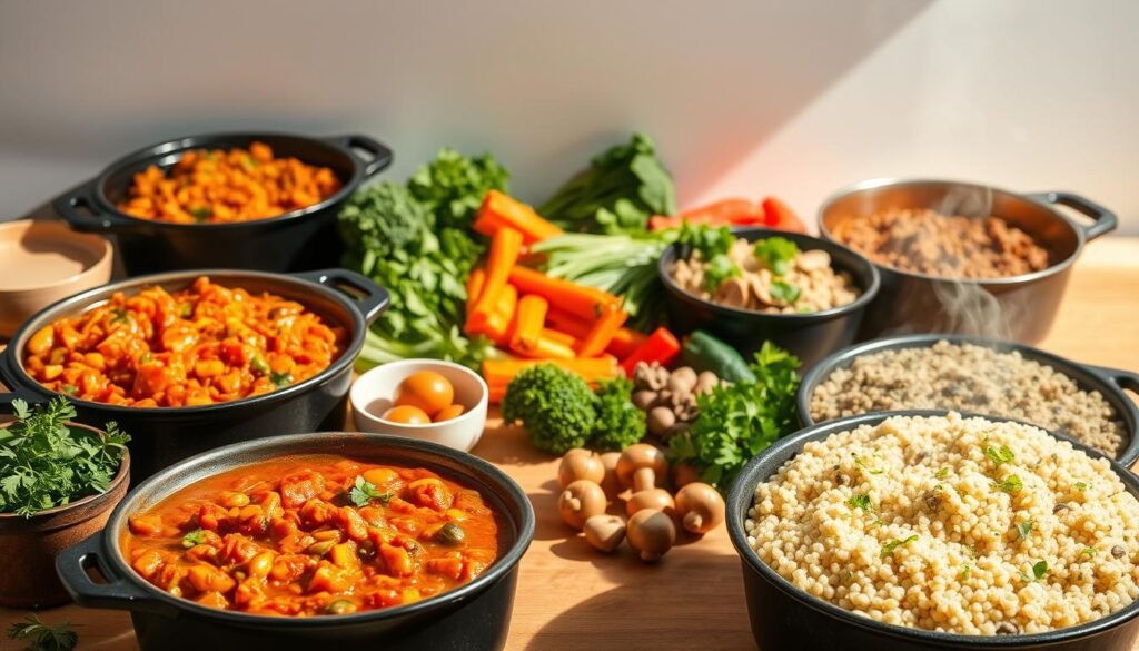 A vibrant arrangement of assorted plant-based one-pot meals set against a minimalist, light-filled background. In the foreground, an array of colorful dishes - a hearty lentil stew, a fragrant vegetable curry, and a creamy mushroom risotto, all simmering in cast-iron pots. The middle ground features freshly chopped herbs, vibrant vegetables, and a selection of whole grains, creating a sense of wholesome, nourishing preparation. The background is bathed in soft, natural lighting, highlighting the steam rising from the pots and the earthy tones of the kitchen setting. An inviting, comforting, and utterly appetizing scene that embodies the essence of "Plant-Based Healthy One Pot Creations".