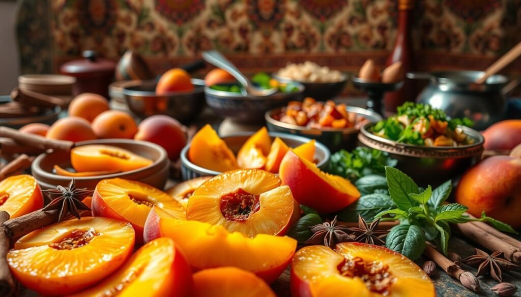 A vibrant scene of international canned peach recipe inspiration. In the foreground, a selection of colorful, luscious canned peach halves, their golden hues glistening under warm, natural lighting. Surrounding them, an array of cultural ingredients and spices - fragrant cinnamon sticks, star anise, cardamom pods, and fresh herbs. In the middle ground, various serving dishes and utensils, hinting at the myriad ways these peaches can be transformed into global desserts, salads, and savory dishes. The background features a tapestry of patterns and textures, evoking the diverse culinary traditions from which these recipes are drawn. An atmosphere of cultural richness, culinary exploration, and sensory delight pervades the scene.