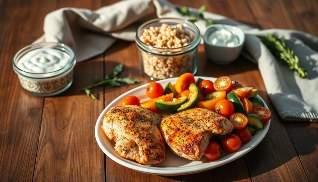 A visually appetizing Mediterranean chicken meal prep arrangement displayed on a wooden table. In the foreground, a plate showcases juicy, seasoned chicken breasts, accompanied by a vibrant mix of sautéed vegetables including zucchini, bell peppers, and cherry tomatoes. The middle ground features a glass container filled with fragrant quinoa, and a small ramekin of tangy, creamy tzatziki sauce. In the background, a linen napkin and a few sprigs of fresh herbs add a touch of rustic elegance. The scene is bathed in warm, natural lighting, casting gentle shadows and highlighting the meal's vibrant colors and textures. The overall composition evokes a sense of balanced, wholesome nutrition.