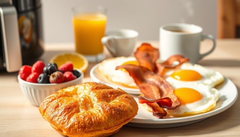 A visually appetizing air fryer breakfast scene, showcasing a variety of healthy and nutritious morning power meal options. In the foreground, a golden-brown, flaky air-fried breakfast pastry sits alongside a small bowl of fresh berries. In the middle ground, a plate holds two perfectly cooked air fryer eggs, their yolks glistening, accompanied by crisp air-fried bacon strips. In the background, a glass of freshly squeezed orange juice and a steaming mug of aromatic coffee complete the balanced and energizing tableau. The lighting is soft and natural, creating a warm and inviting atmosphere. The composition is clean, well-balanced, and emphasizes the air fryer's ability to prepare a delicious and wholesome breakfast spread.