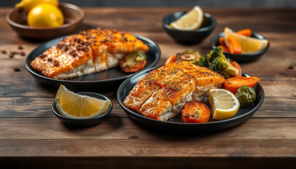 A visually appetizing air fryer salmon meal prep on a wooden table, with neatly arranged portions of baked salmon, roasted vegetables, and a side of lemon wedges. The salmon has a golden-brown, crispy exterior and a moist, flaky interior. The vegetables, such as broccoli, carrots, and Brussels sprouts, are evenly roasted, retaining their vibrant colors. Soft, ambient lighting creates a warm, inviting atmosphere, highlighting the freshness and quality of the ingredients. The arrangement is clean, organized, and visually appealing, reflecting the "restaurant-quality" nature of the air fryer salmon meal. A sense of culinary expertise and attention to detail is conveyed through the presentation.