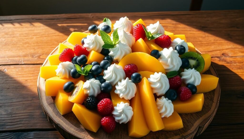 A visually striking fruit dessert platter rests on a rustic wooden table, illuminated by soft, warm lighting that casts gentle shadows. The centerpiece features an elegant arrangement of freshly sliced tropical fruits - juicy mango, vibrant pineapple, and glistening kiwi - complemented by plump berries, creamy dollops of whipped cream, and delicate sprigs of mint. The layered presentation creates depth and visual interest, inviting the viewer to imagine the flavors and textures of this indulgent and visually captivating dessert spread. A visually striking fruit dessert platter rests on a rustic wooden table, illuminated by soft, warm lighting that casts gentle shadows. The centerpiece features an elegant arrangement of freshly sliced tropical fruits - juicy mango, vibrant pineapple, and glistening kiwi - complemented by plump berries, creamy dollops of whipped cream, and delicate sprigs of mint. The layered presentation creates depth and visual interest, inviting the viewer to imagine the flavors and textures of this indulgent and visually captivating dessert spread.