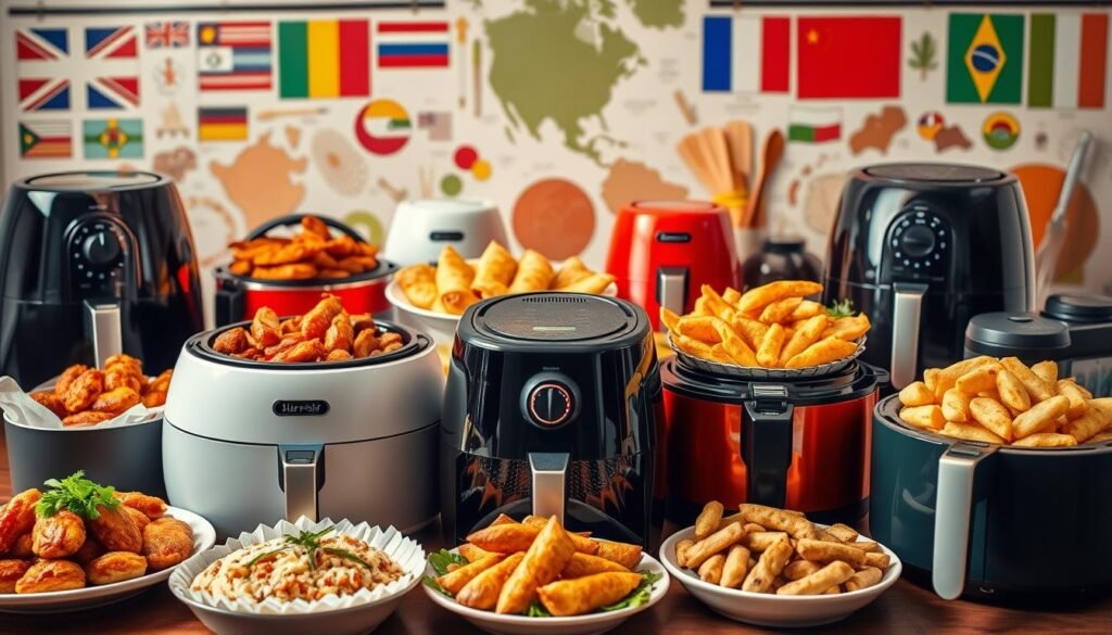 A visually stunning array of international air fryer recipes, showcased in a vibrant and dynamic composition. In the foreground, a diverse selection of delectable dishes, meticulously prepared and artfully presented, including spicy Asian-inspired wings, crispy Latin American empanadas, and savory European-style potatoes. The middle ground features an assortment of air fryers in various styles and colors, highlighting the versatility and popularity of this kitchen appliance. The background depicts a globally inspired setting, with a collage of international flags, spices, and cooking utensils, creating a sense of cultural fusion and culinary exploration. The lighting is warm and natural, accentuating the textures and colors of the food, while the camera angle provides a dynamic and immersive perspective, inviting the viewer to savor the delicious possibilities of international air fryer recipes.