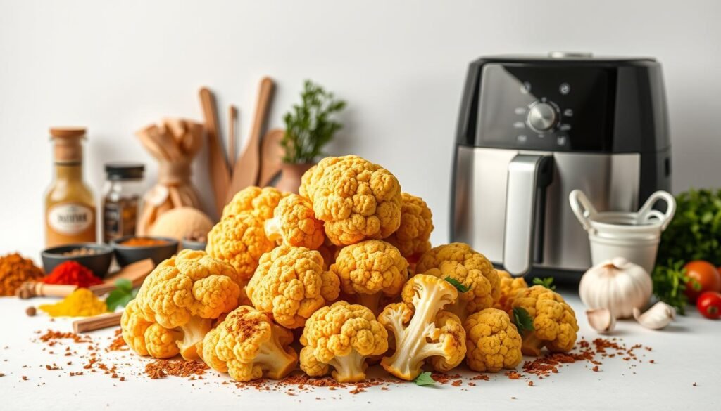 A visually stunning still-life showcasing an array of international air fryer cauliflower flavors. In the foreground, golden-brown cauliflower florets are arranged artfully, their crisp edges glistening under warm, natural lighting. Surrounding them, an assortment of vibrant spices, herbs, and seasonings evoke the rich diversity of global cuisines - turmeric, cumin, paprika, garlic, and more. In the middle ground, a modern, minimalist air fryer stands ready, its sleek metallic finish complementing the earthy tones of the produce. The background features a clean, white backdrop, allowing the colors and textures of the ingredients to take center stage. The overall composition radiates a sense of freshness, flavor, and culinary innovation, perfectly capturing the "International Air Fryer Cauliflower Flavors" theme.