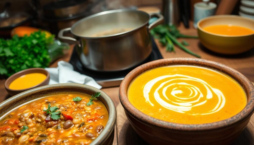 A warm, cozy kitchen scene showcasing a collection of wholesome, vegetarian one-pot soups. In the foreground, a rustic earthenware bowl brimming with a hearty, aromatic lentil and vegetable stew, garnished with fresh herbs. Beside it, a bowl of creamy, golden butternut squash soup, its surface swirled with a drizzle of olive oil. In the middle ground, a large, enameled pot simmering on the stove, steam rising, hinting at the nourishing goodness within. The background features a wooden table, its surface cluttered with fresh produce, spices, and kitchen tools, conveying a sense of homemade, comforting cuisine. Soft, diffused lighting casts a gentle glow, creating a welcoming, heartwarming atmosphere.