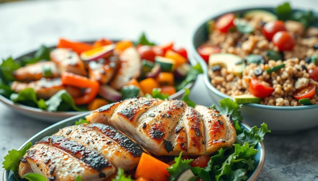 A well-balanced trio of macro-focused chicken meals, arranged in a visually striking layout. The foreground features a grilled chicken breast, seasoned with herbs and spices, alongside a bed of leafy greens and roasted vegetables. In the middle ground, a portion of chicken stir-fry, with colorful peppers, onions, and a drizzle of teriyaki sauce. The background showcases a hearty chicken and quinoa salad, garnished with cherry tomatoes, avocado, and a tangy vinaigrette. Soft, natural lighting bathes the scene, highlighting the textures and vibrant colors of the dishes. The overall composition conveys a sense of culinary harmony and healthy, wholesome nutrition.