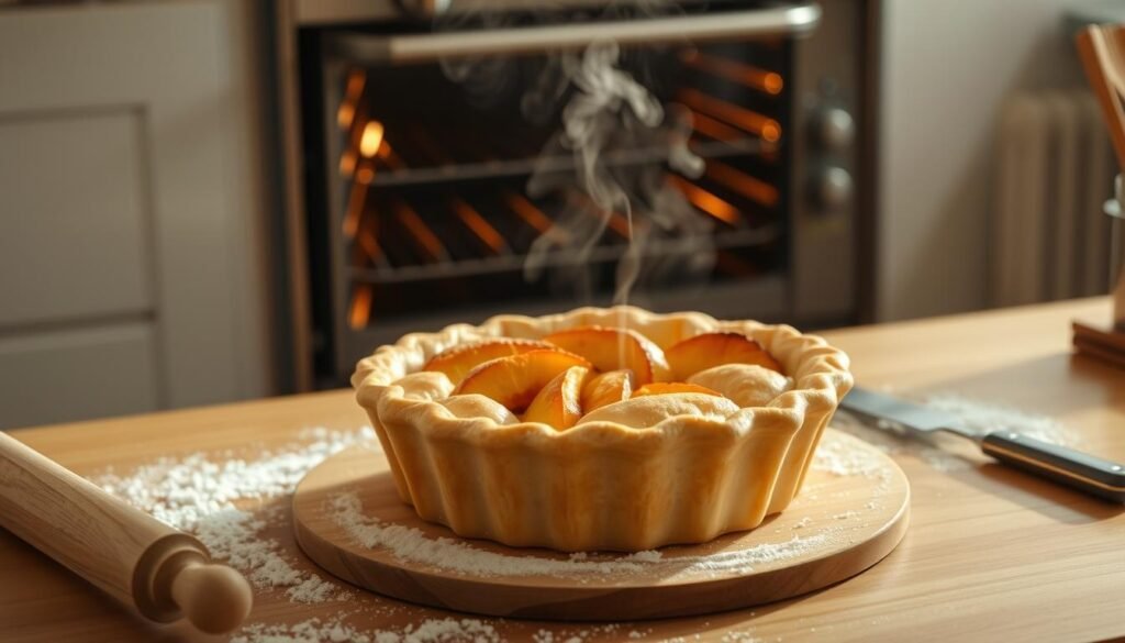 A well-lit kitchen counter, bathed in warm, natural light. Atop it, a freshly baked peach pie, its golden crust glistening, steam rising gently. Beside it, a wooden rolling pin, a dusting of flour, and a neatly arranged array of baking tools - a pastry cutter, a fork, a sharp paring knife. In the background, a vintage oven, its door slightly ajar, revealing the flickering flames within. The scene exudes a sense of homey comfort and culinary expertise, inviting the viewer to learn the secrets of crafting the perfect peach pie. A well-lit kitchen counter, bathed in warm, natural light. Atop it, a freshly baked peach pie, its golden crust glistening, steam rising gently. Beside it, a wooden rolling pin, a dusting of flour, and a neatly arranged array of baking tools - a pastry cutter, a fork, a sharp paring knife. In the background, a vintage oven, its door slightly ajar, revealing the flickering flames within. The scene exudes a sense of homey comfort and culinary expertise, inviting the viewer to learn the secrets of crafting the perfect peach pie.