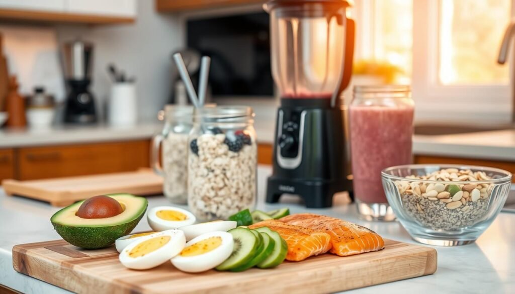 A well-lit kitchen counter showcases an assortment of high-protein breakfast prep options. In the foreground, a cutting board features sliced avocado, hard-boiled eggs, and grilled salmon filets. Nearby, a glass jar holds overnight oats with Greek yogurt and berries. In the middle ground, a blender stands ready to whip up a nutrient-dense protein smoothie, while a bowl of chia pudding with fresh kiwi and almonds rests alongside. The background is filled with the warm glow of natural light, creating a clean, inviting atmosphere for this healthy morning meal preparation.