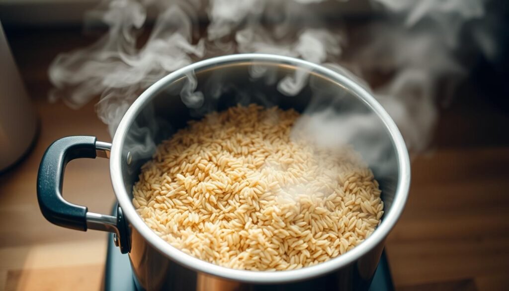 A well-lit kitchen counter with a stainless steel pot, steam gently rising from the surface. Inside, golden-brown grains of rice are being carefully stirred and toasted, their nutty aroma filling the air. The pot is positioned under a warm, diffused light, casting a soft glow and creating dynamic shadows that accentuate the texture of the rice. The camera angle is slightly elevated, providing a close-up view that showcases the intricacies of the toasting process. The overall scene conveys a sense of focus, precision, and the tactile experience of perfecting a simple, yet essential cooking technique.