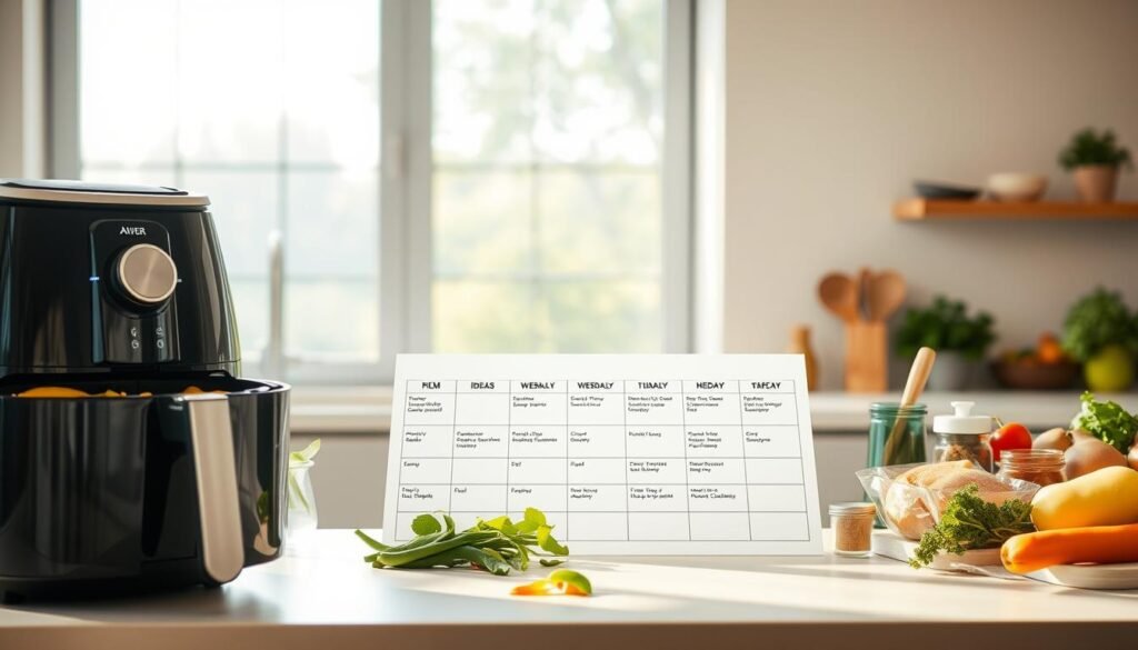 A well-lit kitchen counter with an air fryer in the foreground, surrounded by fresh ingredients such as chicken, vegetables, and seasonings. In the middle ground, a neatly organized meal plan with recipe ideas and weekly schedules. The background features a large, airy window overlooking a bright, natural setting, conveying a sense of ease and inspiration for healthy, efficient air fryer cooking. The lighting is soft and warm, creating a welcoming atmosphere for meal planning and preparation.