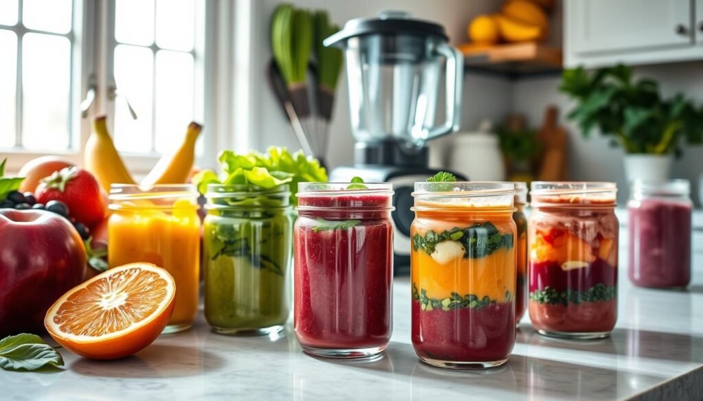 A well-lit kitchen counter with an assortment of fresh fruits, leafy greens, and smoothie ingredients. In the foreground, neatly arranged glass jars filled with vibrant, layered smoothie mixes, ready to be frozen for future use. Subtle reflections on the counter surface add depth and a sense of polish. The middle ground features a high-powered blender and stainless steel utensils, hinting at the process of blending and preparing these nutritious, freezer-friendly smoothies. In the background, a bright window allows natural light to flood the scene, creating a warm, inviting atmosphere. The overall mood is one of organization, health-consciousness, and meal prep efficiency.
