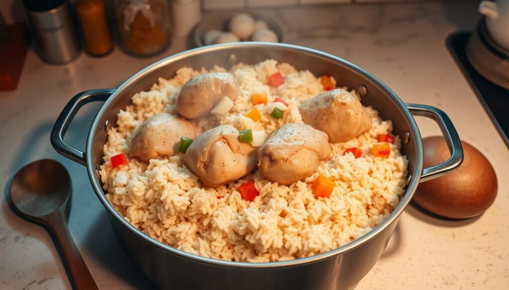 A well-lit kitchen countertop showcases a large, steaming pot of one-pot chicken and rice. Tender chicken thighs nestled among fluffy, fragrant grains of rice, accented with diced onions, garlic, and vibrant bell peppers. A wooden spoon rests nearby, hinting at the careful stirring and seasoning required to achieve this mastery. Subtle shadows cast by overhead lighting create depth and texture, while warm, golden tones evoke the comforting aroma of a home-cooked meal. The scene radiates a sense of culinary expertise, inspiring the viewer to recreate this satisfying dish with confidence.
