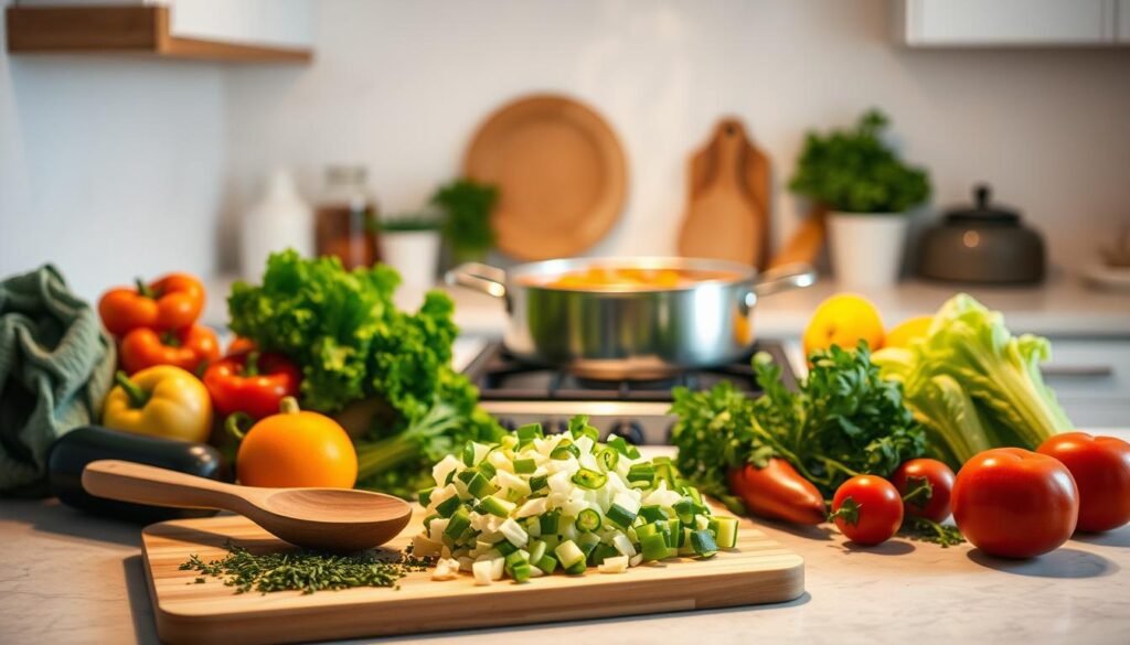 A well-lit kitchen countertop with an assortment of fresh vegetables, herbs, and a large one-pot dish at the center. Soft, diffused lighting illuminates the scene, creating a warm and inviting atmosphere. In the foreground, a cutting board with chopped ingredients, a wooden spoon, and a few whole vegetables. The middle ground features the one-pot meal, simmering on the stove, emitting delicious aromas. The background showcases a clean, minimalist kitchen space with clean lines and natural materials, emphasizing the balance and simplicity of a healthy one-pot dinner. The overall composition conveys a sense of nourishment, efficiency, and culinary harmony.