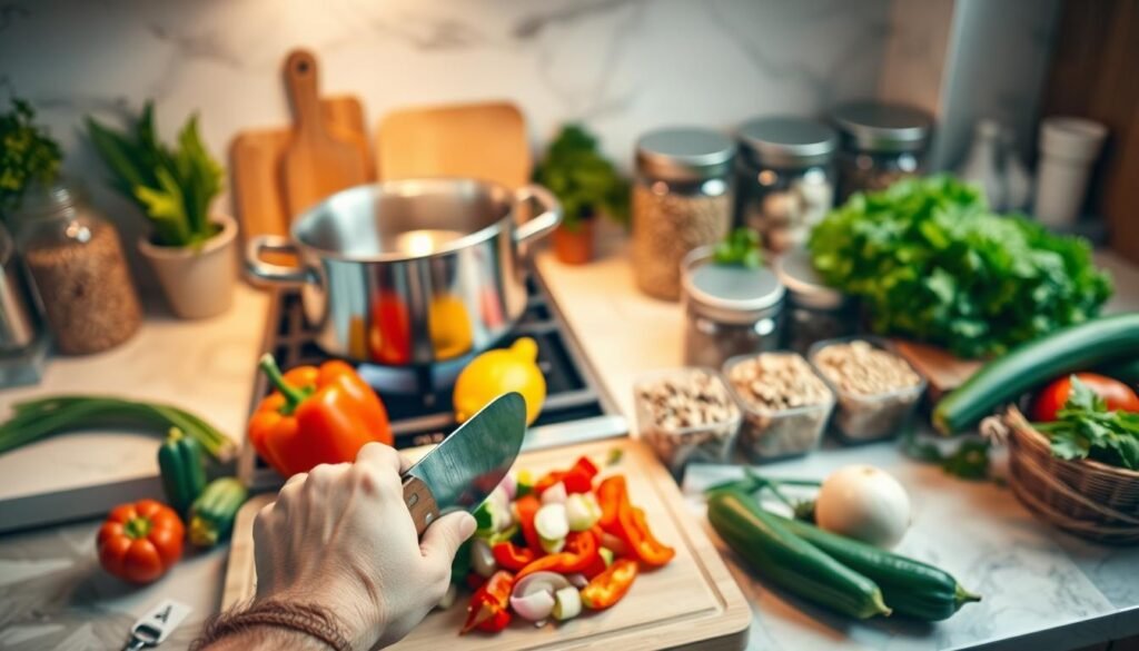 A well-organized kitchen counter with a large stainless steel pot simmering on the stovetop, surrounded by fresh vegetables, herbs, and a cutting board. Soft, warm lighting from overhead casts a cozy glow, highlighting the textures and colors of the ingredients. In the foreground, a pair of sturdy hands carefully chops a colorful assortment of bell peppers, onions, and zucchini, ready to be added to the pot. The middle ground features neatly arranged containers of grains, legumes, and spices, hinting at the nutritious, well-planned meal to come. The background is softly blurred, drawing the viewer's focus to the central scene of efficient, healthy meal preparation.
