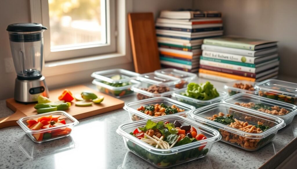 A well-organized kitchen counter with an array of freshly prepared, healthy meals in reusable containers. A cutting board with sliced vegetables, a blender, and a stack of meal-prep cookbooks in the background. Warm, natural lighting from a nearby window casts a soft glow, creating a serene and efficient atmosphere. The scene conveys a sense of organization, time-saving, and a commitment to nourishing oneself with wholesome, homemade meals, even on a busy schedule.