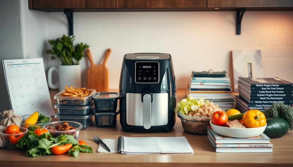 A well-organized kitchen workspace with a sleek Ninja air fryer prominently displayed on the countertop. Surrounding it are neatly arranged meal prep containers, a weekly meal planner, a stack of recipe books, and an assortment of fresh ingredients like vegetables, fruits, and lean proteins. Soft, warm lighting illuminates the scene, creating a cozy and intentional atmosphere. The overall composition conveys a sense of efficiency, mindfulness, and culinary inspiration, perfectly capturing the theme of "Ninja Air Fryer Meal Planning and Organization".