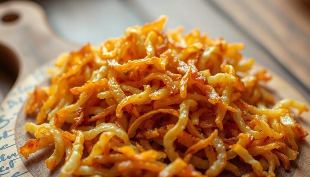 Crisp, golden air fryer hash browns, glistening with a light coating of oil, nestled on a rustic wooden board. The delicate shreds of potato create a perfectly textured surface, complemented by a soft, fluffy interior. Overhead lighting casts warm, subtle shadows, accentuating the hash browns' natural contours. The scene is captured with a sharp, close-up lens, drawing the viewer's attention to the inviting, homemade appearance of this classic breakfast staple. The mood is cozy and comforting, evoking the aroma of freshly cooked potatoes and the anticipation of a satisfying morning meal.