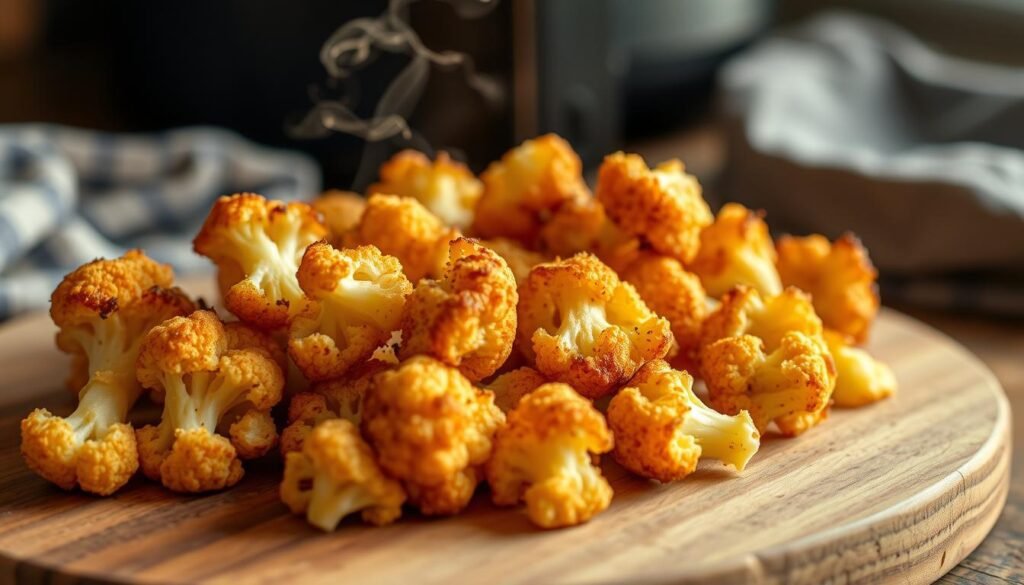 Crisp, golden-brown air fryer cauliflower florets, fresh from the appliance, arranged on a rustic wooden board. The cauliflower's texture is irresistibly crunchy on the outside, yet tender within. Delicate wisps of steam rise from the vegetables, hinting at their savory, seasoned flavor. Warm, directional lighting casts a flattering glow, emphasizing the cauliflower's natural beauty. The arrangement is simple yet sophisticated, drawing the viewer's attention to the star of the dish. This image captures the power of the air fryer to transform a humble vegetable into an addictive, craveable snack that even picky eaters will find impossible to resist.