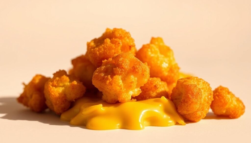 Crisp, golden-brown cauliflower tots, coated in a light, crunchy batter, nestled atop a bed of melted, oozing cheddar cheese. The tot's surface glistens under warm, directional lighting, casting soft shadows that accentuate their irregular, hand-crafted shapes. The overall composition is clean and minimalist, placing the hero ingredient front and center against a simple, off-white background that allows the vibrant colors and textures to shine. The scene evokes a sense of comforting, homemade indulgence, inviting the viewer to imagine the satisfying crunch and creamy, cheesy flavor of these innovative air fryer cauliflower tots.