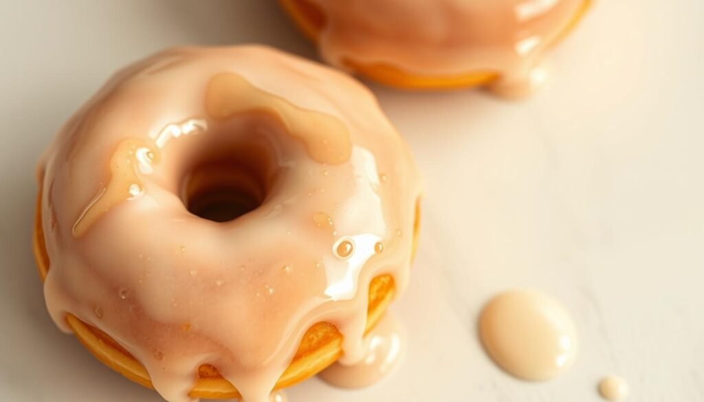 Delicate, glistening air fryer donuts, their surfaces coated in a rich, glossy glaze. The glaze drips and pools, its viscous texture catching the warm, diffused light. Tiny air bubbles dot the surface, creating a mesmerizing, almost iridescent effect. The donuts sit atop a clean, minimalist surface, allowing the glaze to be the star of the composition. A soft, muted color palette enhances the appetizing, mouthwatering quality of the scene. Captured from a slight overhead angle, the image invites the viewer to imagine the satisfying texture and sweet flavor of these perfectly crafted, homemade treats.
