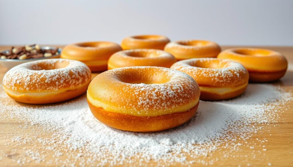 Freshly baked air fryer cake donuts, their golden-brown crusts glistening under warm, directional lighting. The donuts are arranged on a wooden surface, showcasing their fluffy, melt-in-your-mouth texture. In the foreground, a dusting of powdered sugar creates a delicate, snowy contrast. In the middle ground, a selection of toppings - sprinkles, chocolate shavings, and cinnamon sugar - offer enticing customization options. The background features a clean, minimalist setting, allowing the donuts to take center stage. The overall scene evokes a sense of homemade indulgence and the comforting aroma of freshly fried pastries.
