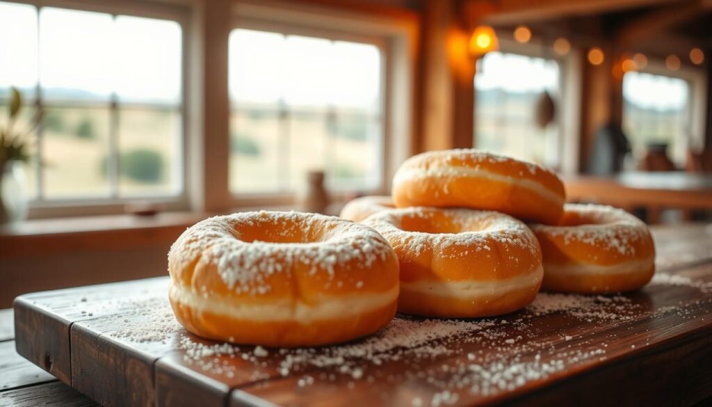 Freshly baked air fryer donuts, golden and fluffy, sit atop a rustic wooden table. The donuts are lightly dusted with powdered sugar, casting a soft, ethereal glow under the warm, diffused lighting. In the background, a window frames a scenic countryside view, hinting at the tranquil and cozy ambiance. The camera angle is slightly elevated, highlighting the delectable details of the donuts and inviting the viewer to imagine the irresistible aroma and satisfying texture of these homemade treats. The overall mood is one of comforting indulgence, perfectly capturing the allure of air fryer donuts and their potential to transform a regular weekend morning into an extraordinary culinary experience.
