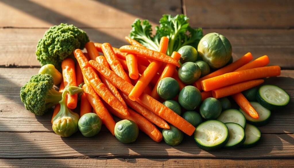 High-quality, hyper-realistic image of a selection of fresh, vibrant vegetables arranged neatly on a rustic wooden table, ready for air frying. The vegetables include broccoli florets, carrot sticks, brussels sprouts, and zucchini slices, all glistening with a light sheen. Warm, natural lighting from the side casts gentle shadows, creating depth and dimensionality. The scene is photographed at a slight angle, showcasing the textures and colors of the produce. The overall mood is one of culinary anticipation, highlighting the nutritious and delicious potential of air-fried vegetable dishes.
