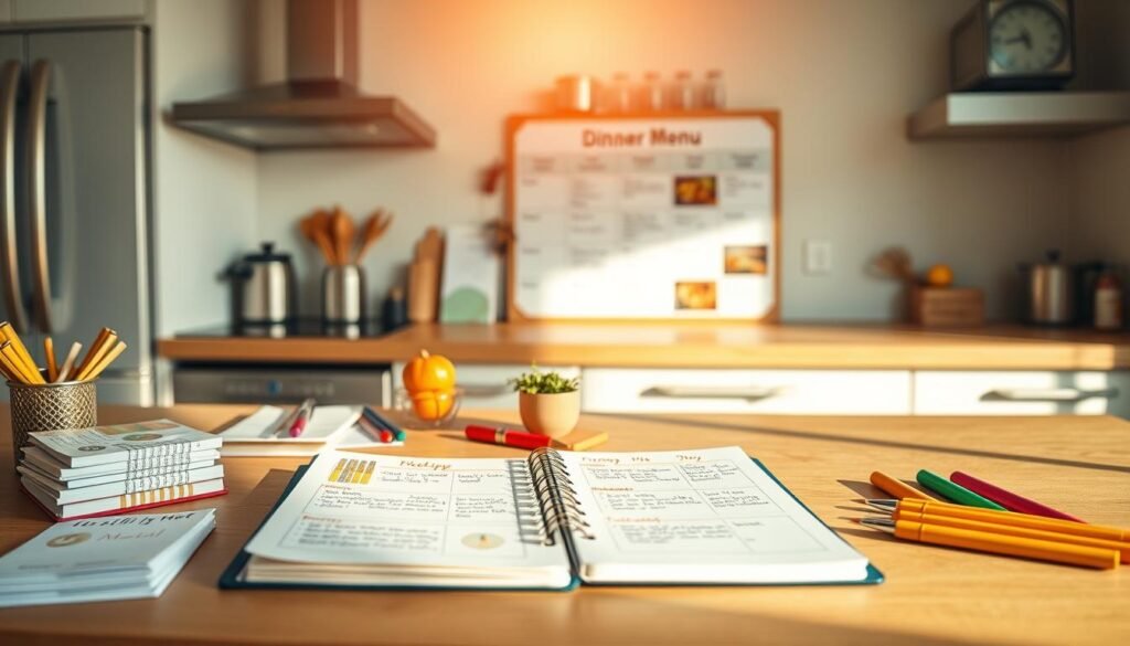 Imagine a cozy, well-organized kitchen counter, bathed in warm, natural lighting. In the foreground, a weekly meal planner lays open, its pages filled with handwritten notes and colorful icons. Surrounding it, various kitchen essentials are neatly arranged - a stack of recipe cards, a meal prep notebook, a set of multicolored pens, and a few carefully selected ingredients, such as fresh herbs and spices. In the middle ground, a bulletin board displays a meticulously crafted weekly dinner menu, complete with images of the dishes and a detailed schedule. The background showcases the kitchen's clean, minimalist aesthetic, with sleek appliances and a soothing, neutral color palette. The overall scene conveys a sense of order, efficiency, and thoughtful meal planning, perfect for a busy family's weeknight dinner routine. Imagine a cozy, well-organized kitchen counter, bathed in warm, natural lighting. In the foreground, a weekly meal planner lays open, its pages filled with handwritten notes and colorful icons. Surrounding it, various kitchen essentials are neatly arranged - a stack of recipe cards, a meal prep notebook, a set of multicolored pens, and a few carefully selected ingredients, such as fresh herbs and spices. In the middle ground, a bulletin board displays a meticulously crafted weekly dinner menu, complete with images of the dishes and a detailed schedule. The background showcases the kitchen's clean, minimalist aesthetic, with sleek appliances and a soothing, neutral color palette. The overall scene conveys a sense of order, efficiency, and thoughtful meal planning, perfect for a busy family's weeknight dinner routine.