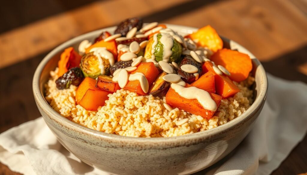 Nutrient-Dense One Pot Quinoa Bowls - A visually appealing and mouthwatering still life showcasing a hearty, one-pot quinoa dish in a rustic, ceramic bowl. The quinoa is fluffy and golden, topped with roasted seasonal vegetables like sweet potatoes, brussels sprouts, and bell peppers, finished with a sprinkle of toasted pumpkin seeds and a drizzle of creamy tahini dressing. Captured in natural, warm lighting that casts gentle shadows, highlighting the rich textures and colors of the ingredients. Shot from a slightly elevated angle to showcase the depth and layers of the dish, creating an inviting and appetizing composition. Nutrient-Dense One Pot Quinoa Bowls - A visually appealing and mouthwatering still life showcasing a hearty, one-pot quinoa dish in a rustic, ceramic bowl. The quinoa is fluffy and golden, topped with roasted seasonal vegetables like sweet potatoes, brussels sprouts, and bell peppers, finished with a sprinkle of toasted pumpkin seeds and a drizzle of creamy tahini dressing. Captured in natural, warm lighting that casts gentle shadows, highlighting the rich textures and colors of the ingredients. Shot from a slightly elevated angle to showcase the depth and layers of the dish, creating an inviting and appetizing composition.