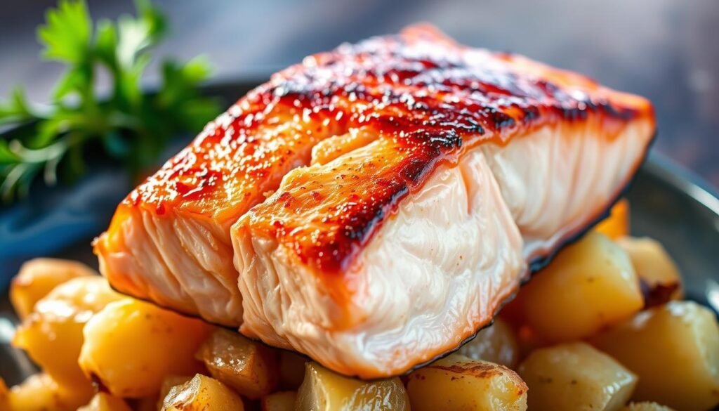 Perfectly seared salmon fillet, glistening with a caramelized crust, nestled atop a bed of tender, fluffy air-fried potatoes. The salmon's flesh is delicately pink and flaky, arranged with precise elegance, conveying the pinnacle of air fryer culinary mastery. Dramatic overhead lighting casts dramatic shadows, accentuating the dish's textural details. The scene is captured at a slight angle, highlighting the salmon's natural curves and the harmonious composition of the elements. An aura of kitchen professionalism and restaurant-quality presentation pervades the image, inspiring the viewer to recreate this flawless air fryer salmon at home.