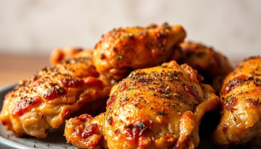 Seasoned air fryer chicken, golden-brown and crispy, prominently displayed in the foreground. Tender and juicy meat, with a savory blend of herbs and spices creating an appetizing aroma. A neutral-toned background, slightly blurred, allows the chicken to take center stage. Soft, even lighting accentuates the succulent texture and highlights the dish's visual appeal. Captured from a slightly elevated angle, conveying a sense of culinary mastery and appetite-inducing presentation. The image exudes an atmosphere of mouthwatering deliciousness, perfectly suited to illustrate a guide on exceptional air fryer chicken recipes.