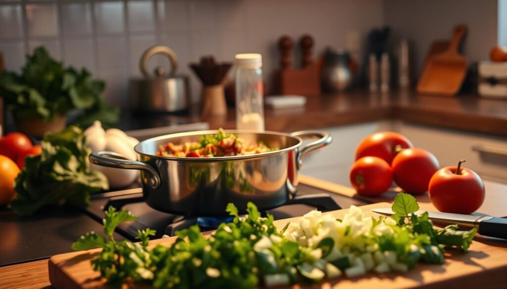 Warm, cozy kitchen scene with a one-pot dish simmering on the stove, surrounded by fresh vegetables, herbs, and seasonings. Soft, directional lighting casts a golden glow, highlighting the rich textures and colors. In the foreground, a cutting board with chopped ingredients ready to be added, conveying the ease and convenience of a quick one-pot meal. The background features a tidy, modern kitchen with minimal clutter, emphasizing the focus on the delicious, fuss-free dinner solution. An inviting and appetizing atmosphere that captures the essence of "Quick One Pot Dinner Solutions for Busy Nights". Warm, cozy kitchen scene with a one-pot dish simmering on the stove, surrounded by fresh vegetables, herbs, and seasonings. Soft, directional lighting casts a golden glow, highlighting the rich textures and colors. In the foreground, a cutting board with chopped ingredients ready to be added, conveying the ease and convenience of a quick one-pot meal. The background features a tidy, modern kitchen with minimal clutter, emphasizing the focus on the delicious, fuss-free dinner solution. An inviting and appetizing atmosphere that captures the essence of "Quick One Pot Dinner Solutions for Busy Nights".