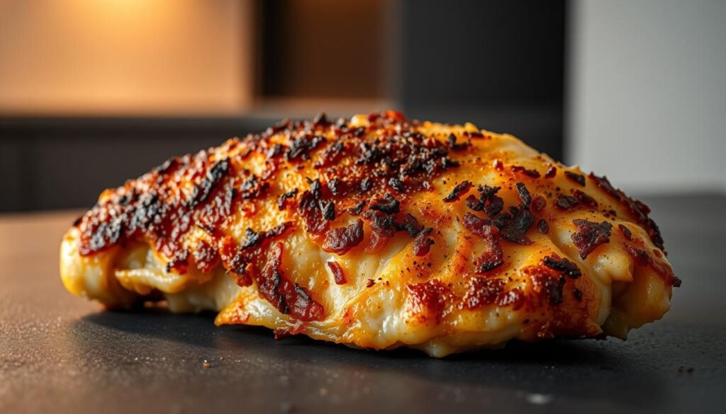 a close-up shot of a perfectly cooked air fryer chicken breast, crispy and golden on the outside, juicy and tender on the inside, resting on a dark gray surface, with a minimalist, modern background, lit by warm, soft lighting that casts subtle shadows, conveying a sense of culinary mastery and effortless elegance